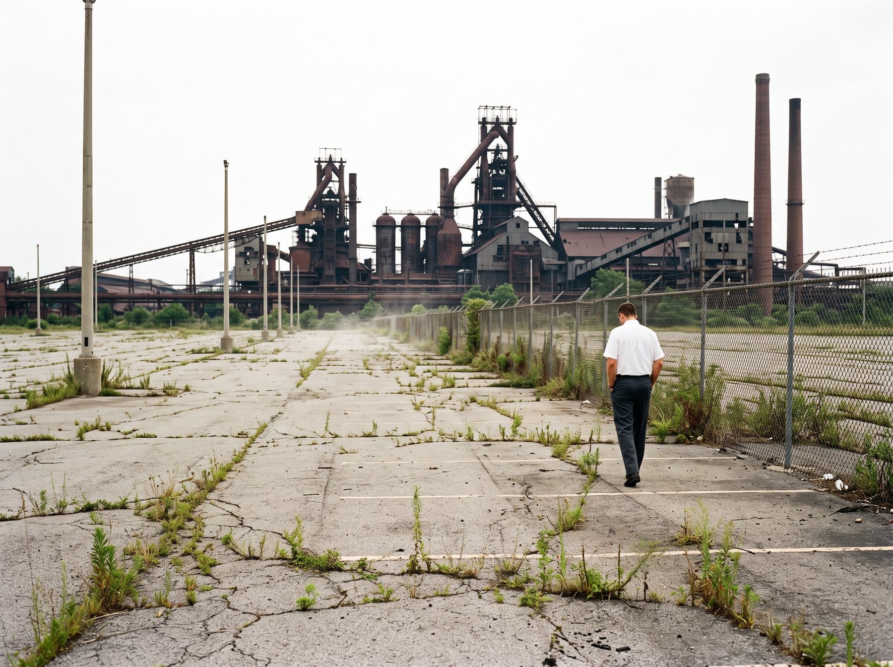 An empty steel-mill parking lot in summer with blast furnaces and smokestacks behind a chain-link fence