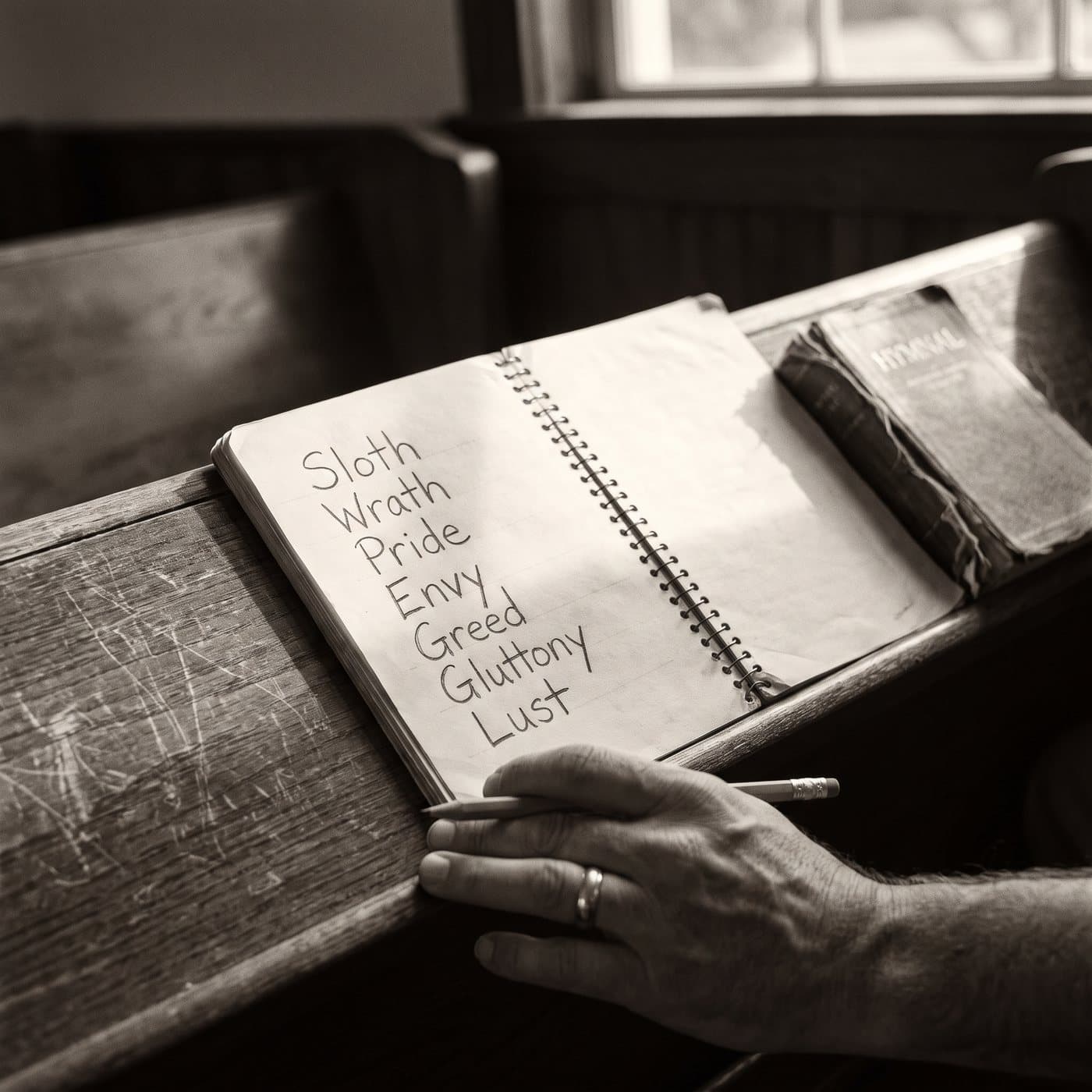 An open spiral notebook with seven words written in pencil, one per line
