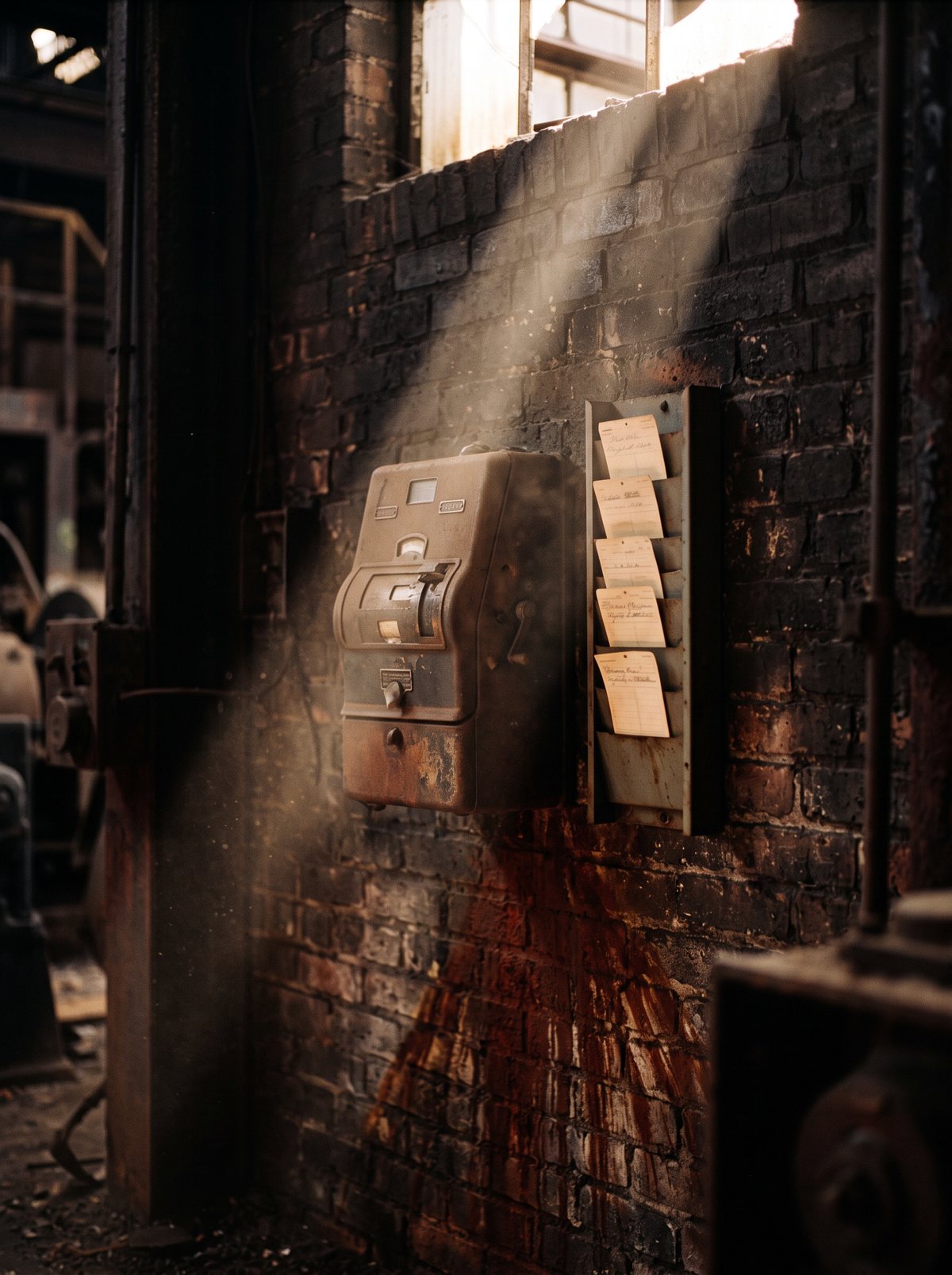 An old punch time clock on a soot-stained brick wall inside a closed steel mill